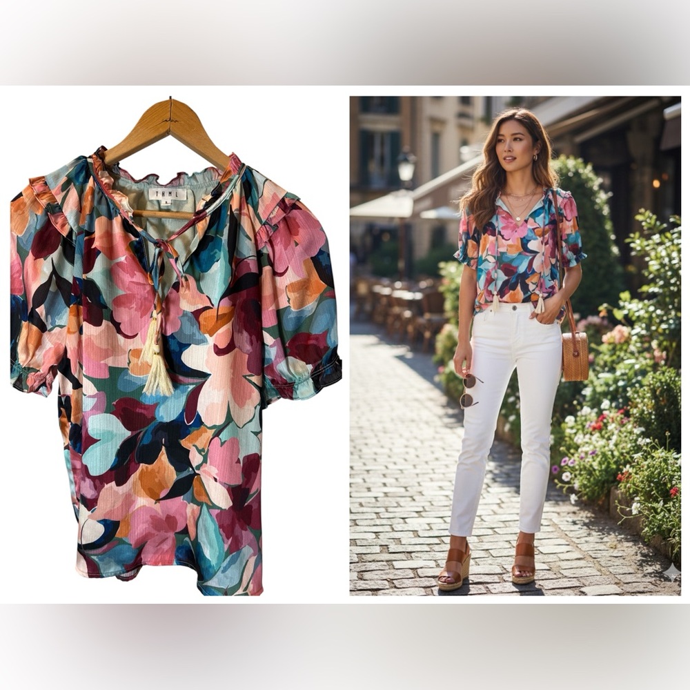 THML Floral Flutter Sleeve Blouse - Size Small - Multi-Color Tassel V-Neck - Picture 8 of 9